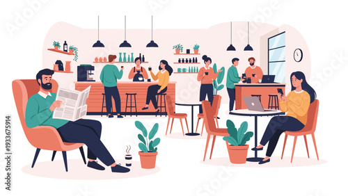 Diverse group of people relaxing and working in a modern coffee shop with a bar, seating area, and cozy interior design with plants.
