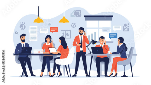 Busy call center or office environment with employees making phone calls and working on laptops with numerous chat bubbles overhead.