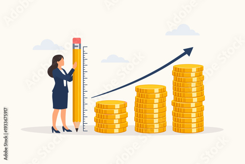 Businesswoman measuring growth of gold coin stacks with a pencil and ruler, concept of financial success, income increase, profit growth, and economic progress in a flat vector illustration.
