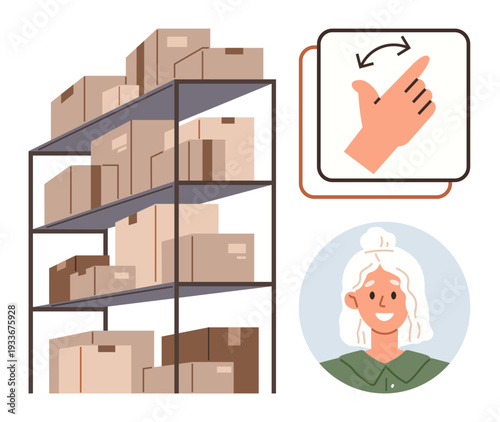 Inventory management, e-commerce setup, logistics, organization, work efficiency, user interface. Shelves with boxes, swipe gesture smiling woman. Inventory and e-commerce setup concept
