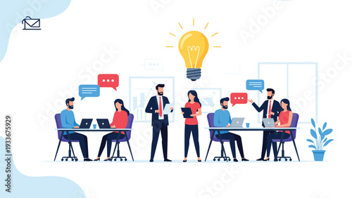 Team of professionals having an interactive meeting in a workspace with a large glowing light bulb for creative brainstorming and ideas.