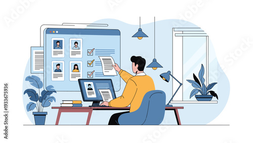 Person working from home at a desk reviewing various digital job applications and candidate profiles on multiple computer screens.