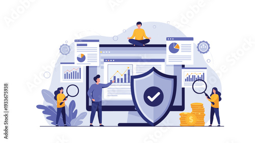 People using magnifying glasses to analyze data charts and graphs on a computer screen protected by a large security shield in an office.