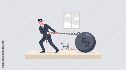 Stressed Businessman in a Suit Struggling to Pull a Heavy Iron Ball with a Dollar Sign Chained to His Leg, Representing Financial Debt, Economic Crisis, Business Failure, and High Work Pressure.