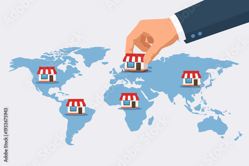 Businessman Hand Placing Franchise Store Icon on World Map for Global Business Expansion and International Retail Growth Strategy Concept, Flat Vector Illustration of Market Investment Success.