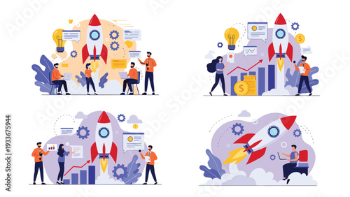Collection of scenes showing business teams and individuals working towards success and growth symbolized by a red and white rocket icon.