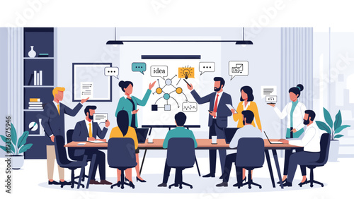 Large team of professional employees collaborating around a long conference table in a modern office with data charts and graphs.