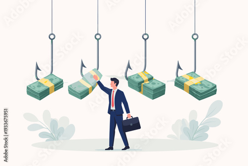 Businessman Reaching for Money on a Fishing Hook Vector Illustration, Concept of Financial Bait, Investment Risk, Fraud, and Greed in Business, Flat Design Metaphor for Temptation and Traps