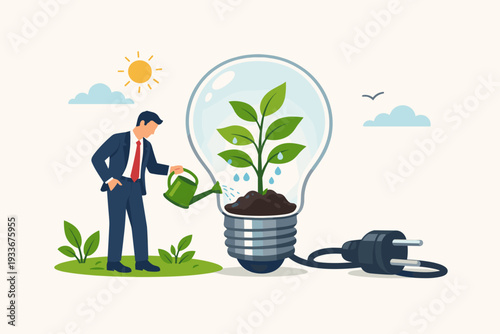 Businessman Watering a Plant Inside a Lightbulb with a Plug, Symbolizing Green Energy, Sustainable Business Growth, Environmental Innovation, Eco-Friendly Technology, and Renewable Resources.