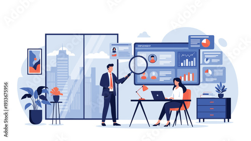 Two office workers analyzing statistical data and profiles on a large digital screen with a magnifying glass in a blue office.