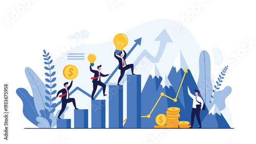 Business professionals climbing a growth bar graph that transitions into mountains while holding light bulbs and coins.