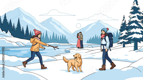 People enjoying outdoor winter activities like hiking and playing with a dog in a majestic snow-covered mountain landscape.