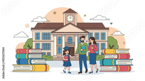 Happy family with a schoolgirl standing in front of a traditional school building surrounded by stacks of colorful textbooks and clouds.