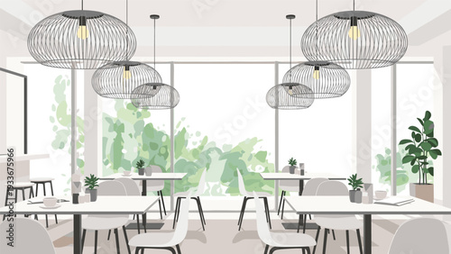 Empty modern cafe or restaurant interior with clean white tables, chairs, and large windows looking out at green trees.