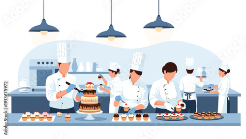 Group of skilled bakers in a commercial kitchen meticulously decorating a tiered chocolate cake and arranging various cupcakes on a counter.