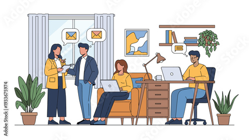 Young professionals working on laptops and collaborating in a modern co-working space or home office with indoor plants.