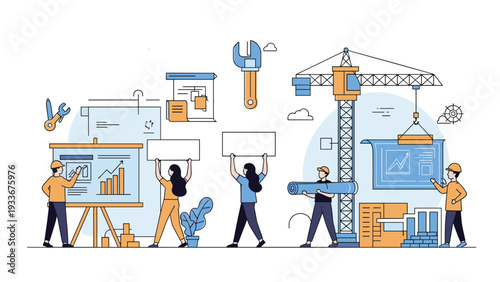 Construction and project management concept with workers building a business chart using a crane and holding signs.