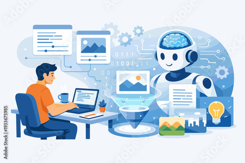 Prompt engineer working on laptop to create content using artificial intelligence, robot assistant processing data and images, human-AI collaboration for business innovation and digital design.