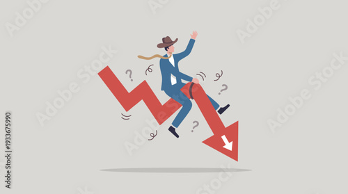 Businessman in a Cowboy Hat Riding a Falling Red Arrow Like a Bucking Bronco, Representing Stock Market Volatility, Economic Crisis, Investment Risk, and Financial Market Fluctuation Concept.
