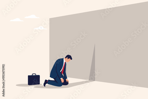 Desperate businessman kneeling in front of a giant wall representing career obstacles, failure, professional burnout, and mental health struggles in a minimalist vector illustration concept.
