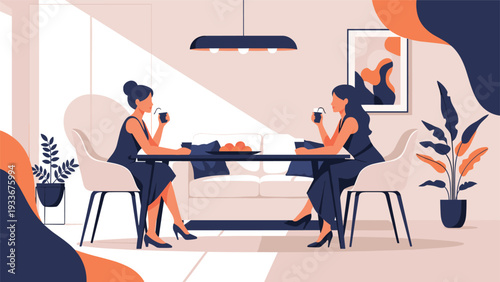 Two female friends having a conversation while drinking coffee at a modern dining table in a stylishly decorated home.