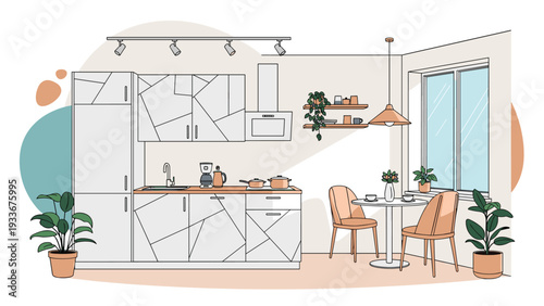 Modern kitchen and dining area design with clean white cabinets, a dining table for two, and various indoor plants by the window side.