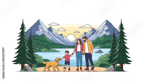 Happy family with a child and a golden retriever dog walking in a scenic mountain landscape by a peaceful lake at sunset.