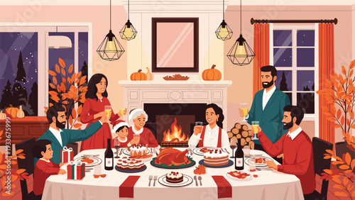 Extended family gathering for a traditional Thanksgiving or Christmas dinner in a warm room with a fireplace and pumpkins.