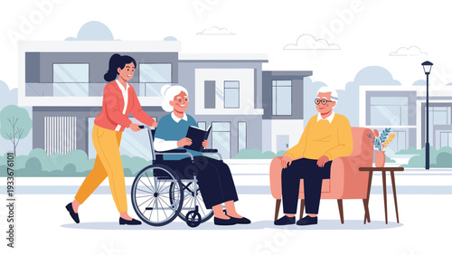 Caregiver assisting an elderly woman in a wheelchair while an elderly man watches in a peaceful suburban neighborhood.