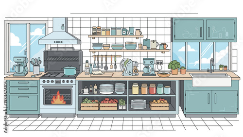 Fully equipped modern kitchen interior with light blue cabinetry, organized shelves, and a stove with a visible flame.