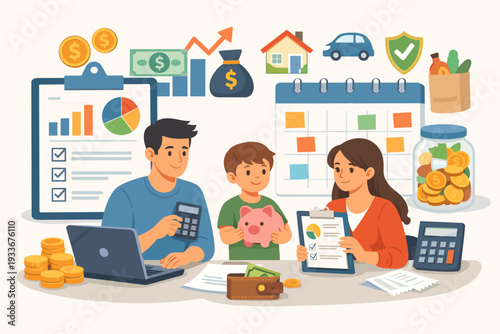 Family Budget Planning and Personal Finance Management Concept with Parents and Child Managing Expenses Savings and Investments Using Calculators Charts and Piggy Bank Flat Vector Illustration
