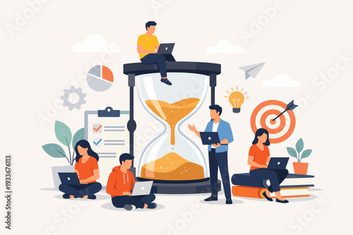 Team of Professionals Working Together Around a Giant Hourglass for Effective Time Management, Project Planning, and Meeting Deadlines with Laptops, Checklist, and Business Strategy Icons.
