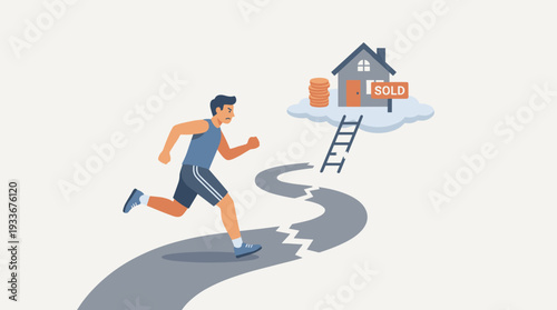Man Running on a Broken Path Towards an Unattainable House on a Cloud with a Sold Sign and Money, Illustrating the Financial Struggles and Challenges Faced by First-Time Home Buyers Today.