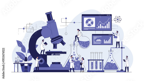 Scientists conducting research in a high-tech laboratory with a massive microscope, chemicals, and digital data analysis.