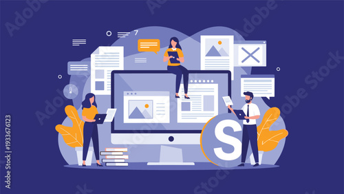 Digital content management and creation concept showing people interacting with images and files on a large computer screen.