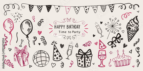 Hand drawn birthday illustration featuring balloons cake and celebratory doodles