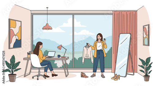 Two young women in a stylish apartment where one is working on a laptop and the other is choosing clothes in front of a mirror.