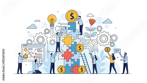 Group of people collaborating to build a tall tower out of jigsaw puzzle pieces containing business innovation symbols.