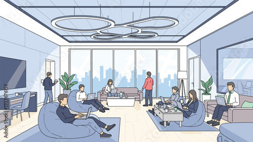 Creative professionals collaborate and work independently in a modern open-plan office lounge with comfortable and colorful bean bag seating.