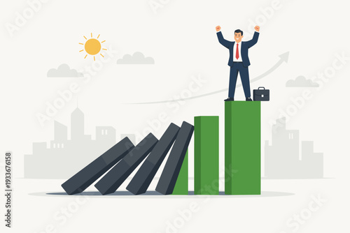 Successful Businessman Standing on Top of a Strong Green Bar Graph While Others Collapse Like Dominoes, Concept of Business Resilience, Market Survival, Winning Strategy and Financial Growth