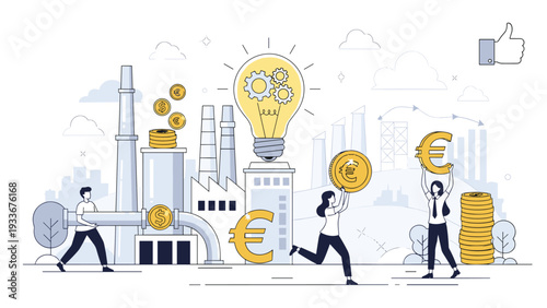 Industrial economy concept illustration depicts people working together with money symbols and factory infrastructure to achieve financial growth.