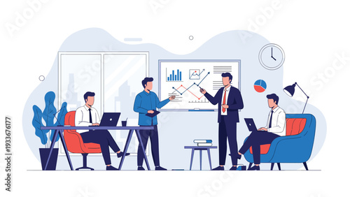 Professional business team analyzes financial performance and strategic plans using data charts during a collaborative meeting in a modern office.