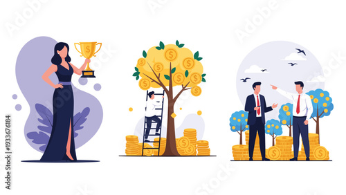 Multiple business success scenarios show a woman holding a trophy and men harvesting wealth from symbolic money trees in a financial concept set.
