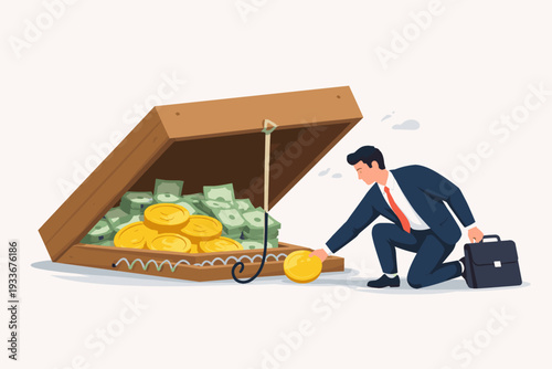 Businessman in Suit Reaching for a Gold Coin Under a Large Wooden Box Trap Filled with Cash, Concept of Financial Risk, Greed, Temptation, and Business Pitfalls, Flat Vector Style Illustration.