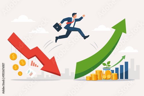 Businessman jumping from falling red arrow to rising green arrow symbolizing economic recovery, financial growth, stock market success, business strategy, overcoming crisis and investment profit.