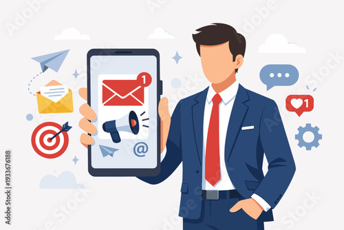 Businessman in a blue suit holding a smartphone with email marketing notification and megaphone icons, featuring digital communication concepts like social media, targeting, and online advertising.
