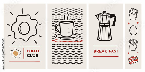 Minimalist breakfast themed illustrations with coffee eggs and pastries