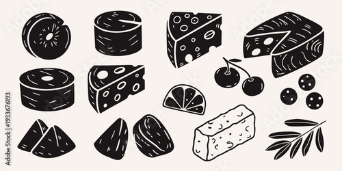Variety of cheeses fruits and leaves in a black and white illustration
