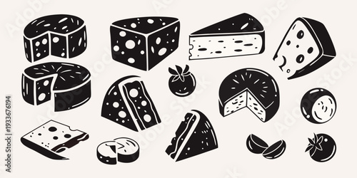 Various types of cheese with strawberries in a black and white illustration