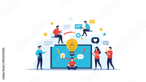 Team of creative professionals collaborating on new ideas around a large light bulb on a digital screen interface.